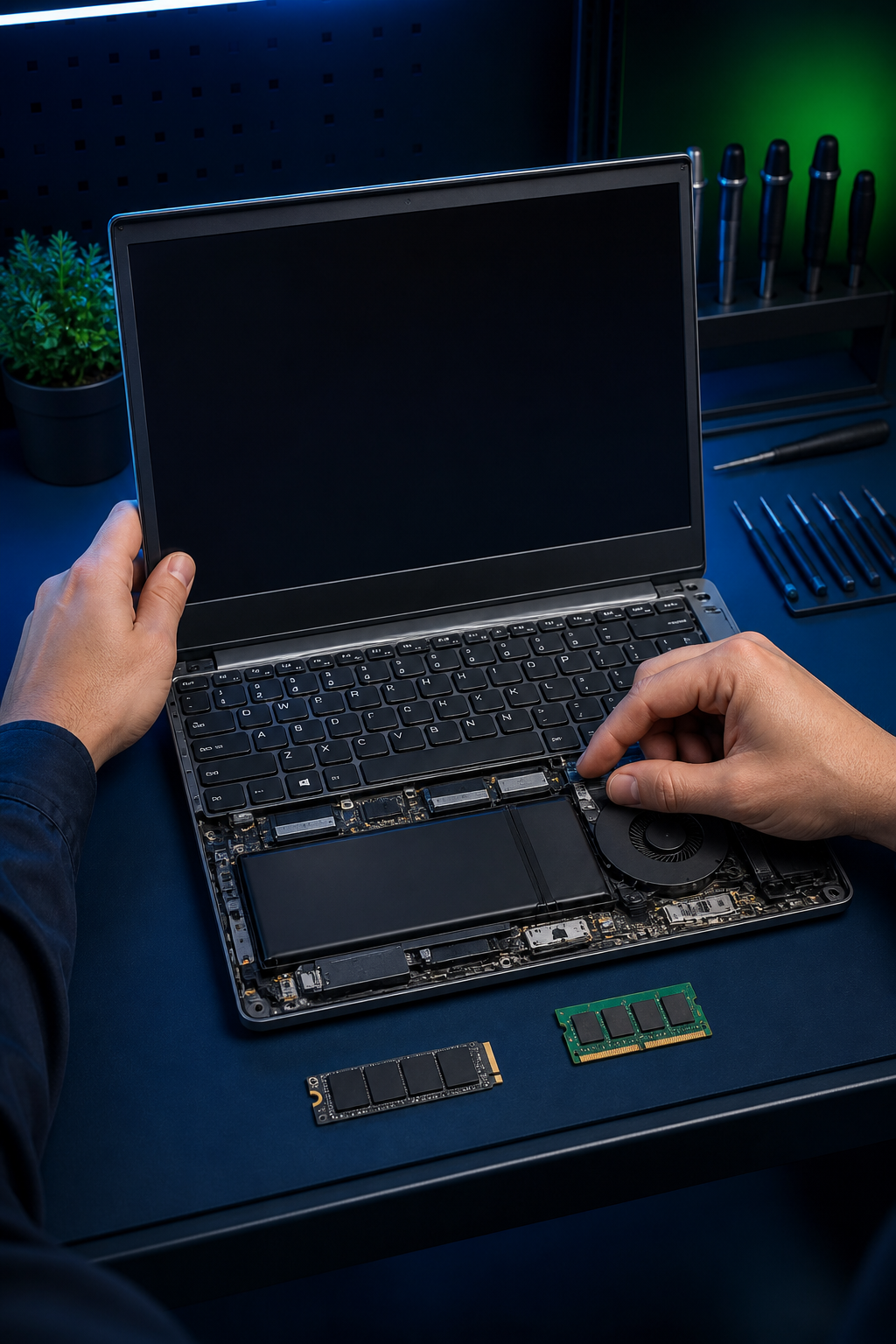 Técnico realizando manutenção em notebook